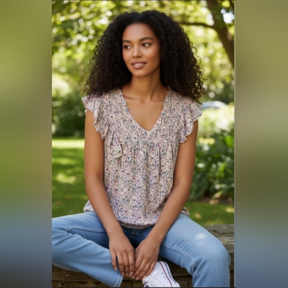 Lucky Brand Cottagecore, Boho Sheer Floral Ruffle Blouse - Multicolor